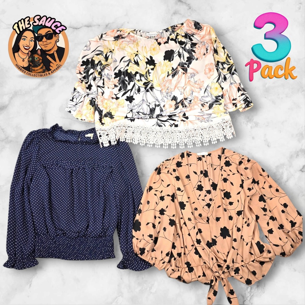 Blouse Lot Womens Medium Office Floral Polka Dot 3 Pack‎ Bundle  Romantic Lace